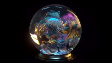 crystal ball with abstract patterns on black background, 3d illustrationの素材