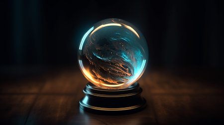 Magic crystal ball on a wooden table. 3d render illustration.の素材