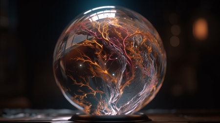 Crystal ball with a fire inside. 3d rendering, 3d illustration.の素材