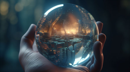 Hand holding a crystal ball with a view of the night city.の素材