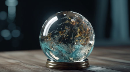 Crystal ball on a wooden table. 3d rendering, 3d illustration.の素材