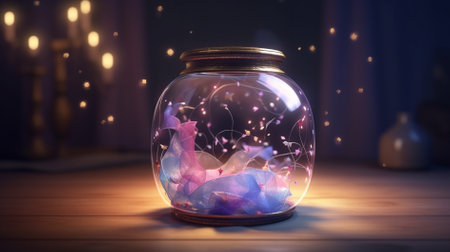 Empty glass jar with colorful paper flowers inside. 3D Renderingの素材