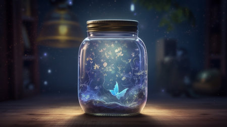 Magic potion in a glass jar on a wooden table. 3d renderingの素材