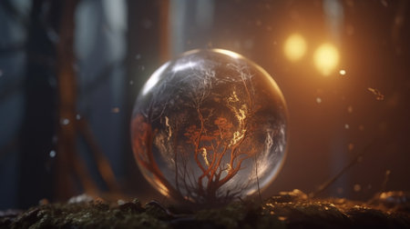 Glowing crystal ball with forest in the background. 3d renderingの素材