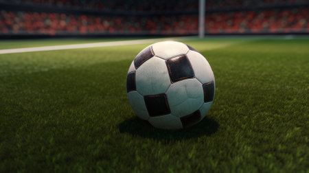 Soccer ball on the green field. 3d render illustration.の素材
