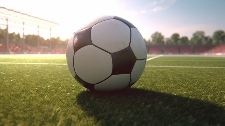 Soccer ball on the green field. 3d render illustration.の素材