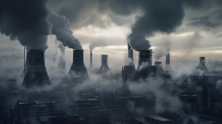 Factory chimneys in the fog, pollution of the environment concept.の素材