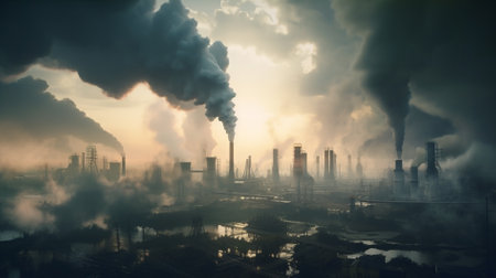 Industrial landscape with smoke from the chimneys of a power plantの素材