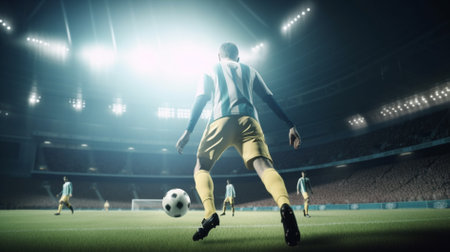 Soccer player in action on the field at night. Mixed mediaの素材