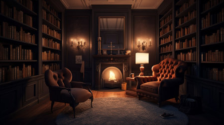 3d rendering of a classic library interior with armchairs and fireplaceの素材