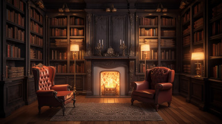 3D rendering of a classic library interior with armchairs and fireplaceの素材