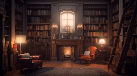 Interior of a room with a fireplace, bookshelf and armchairの素材