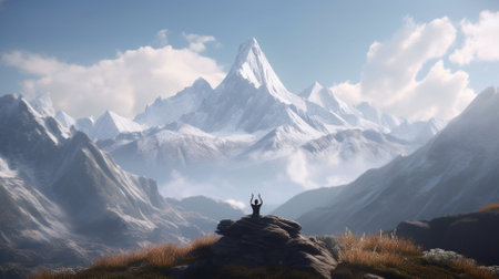 Man meditating in front of mountain peak. 3D rendering.の素材
