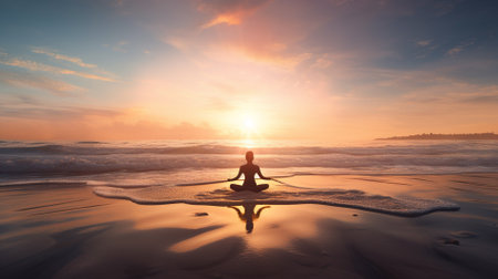 Silhouette of a woman practicing yoga on the beach at sunset presenting world yoga dayの素材