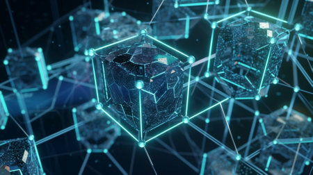 3D rendering of abstract digital cube with connection lines on dark background web 3.0 block chain conceptの素材