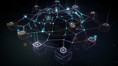 Abstract polygonal sphere with connections on dark background 3D rendering web 3.0 block chain conceptの素材