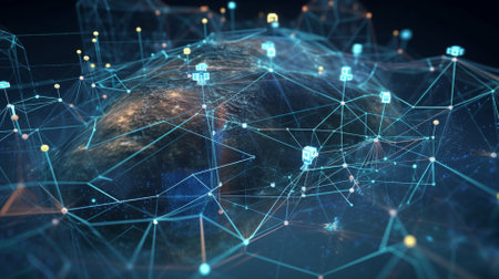 3D rendering of a social network structure on a planet earth background web 3.0 blockchain conceptの素材