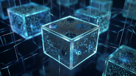 Abstract 3d rendering of cube. Futuristic background with cubes.web 3.0 blockchain conceptの素材