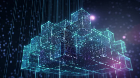 Abstract 3d rendering of building hologram. Futuristic architecture background.web 3.0 blockchain conceptの素材