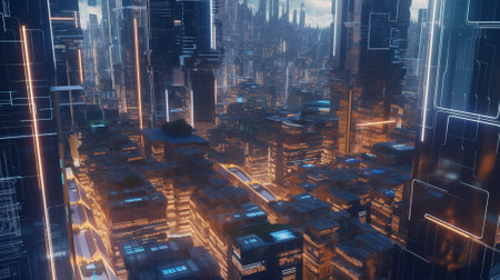 3D rendering of a futuristic city with neon lights and high buildings, blockchain web 3.0 conceptの素材