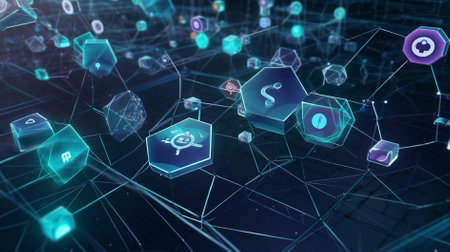 3D rendering of virtual interface with icons and symbols on blue backgroundの素材