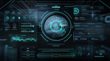 Futuristic user interface with HUD elements on dark background 3D renderingの素材