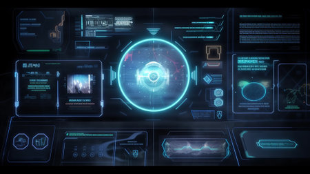 Futuristic virtual graphic touch user interface HUD on dark background 3D renderingの素材