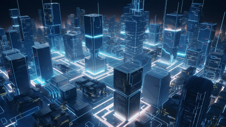 3D rendering of a futuristic city in the form of a hologramの素材