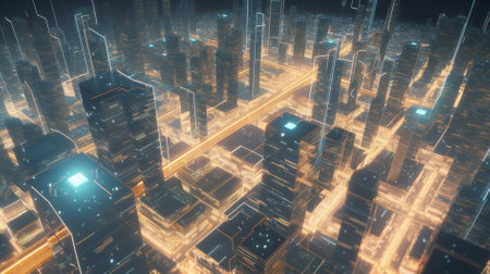 3D illustration of abstract technology digital hi tech concept. Network connection structure with glowing particles. blockchain web 3.0 conceptの素材