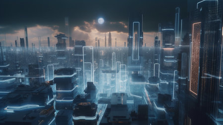Futuristic cityscape with buildings and skyscrapers at night blockchain web 3.0 conceptの素材