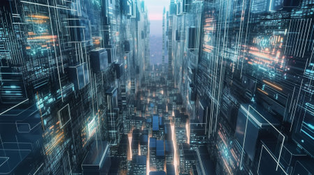 3D rendering of a futuristic city with skyscrapers in the backgroundの素材