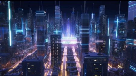3D illustration of futuristic city at night with glowing lights. Futuristic city concept.の素材