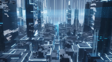 3D rendering of a futuristic city with neon lights and binary codeの素材