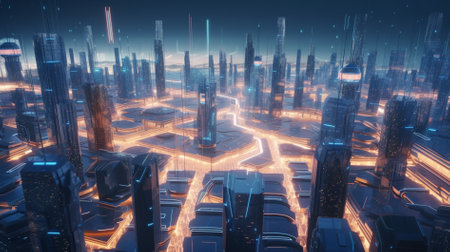 3d rendering of a futuristic city at night with glowing lights.の素材