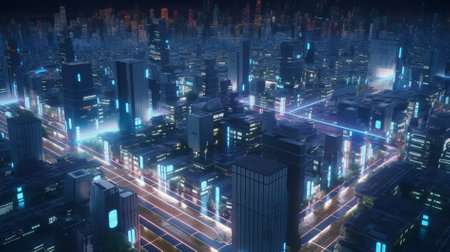 3d rendering of a futuristic city with neon lights in the nightの素材