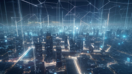Abstract 3D rendering of digital city with wireframe mesh. Futuristic city concept  blockchain web 3.0 conceptの素材
