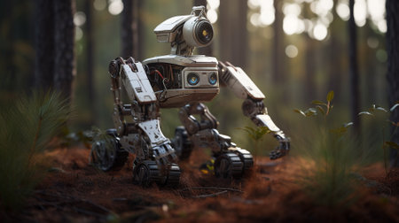 Vintage robot in the forest. Fantasy concept. 3d rendering.の素材