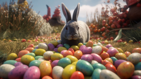 Easter bunny and easter eggs on the grass. 3d renderingの素材