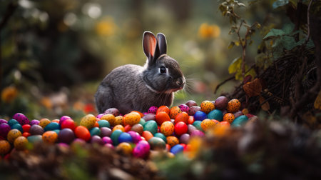 Easter bunny and colorful eggs in the forest. Selective focus.の素材