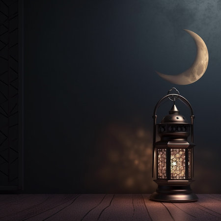 Ramadan Kareem background with lantern and crescent moon. 3D renderingの素材