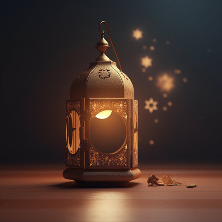 Lantern with burning candle on wooden background. Ramadan Kareemの素材