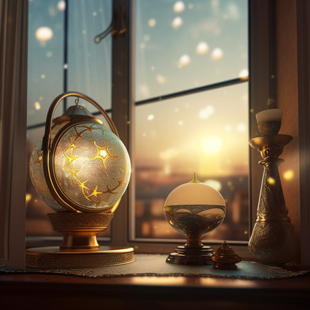 Vintage lanterns on a window sill with a view of the cityの素材