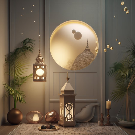 3d render of interior room with lanterns and palm tree.Ramadan Kareem backgroundの素材