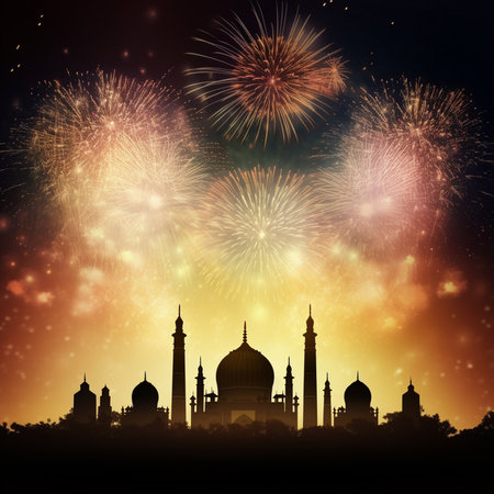 Happy New Year background with fireworks over mosque , Eid celebration conceptの素材