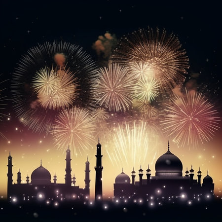 Celebration background with a mosque and fireworks in the night sky. Eid celebration conceptの素材