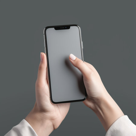 Female hands holding smartphone with blank screen. Mock up, 3D Renderingの素材