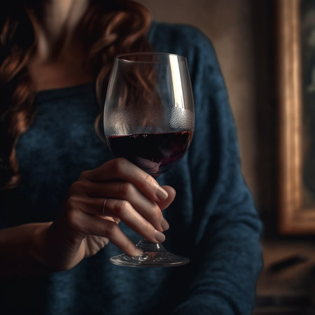 Woman holding a glass of red wine at home. Selective focus.の素材
