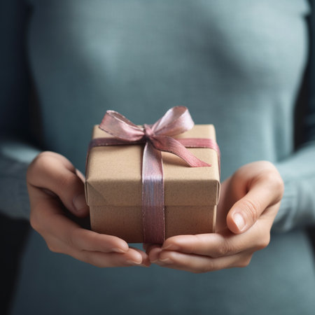 Female hands holding a gift box with a ribbon. Close up.の素材