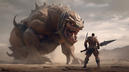 3d illustration of a battle scene with a dinosaur in the desertの素材