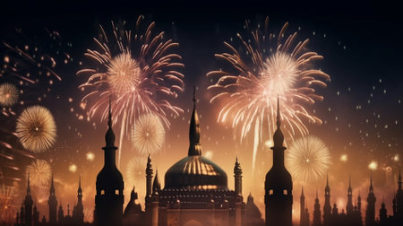 Conceptual image of beautiful fireworks against view of minaretsの素材